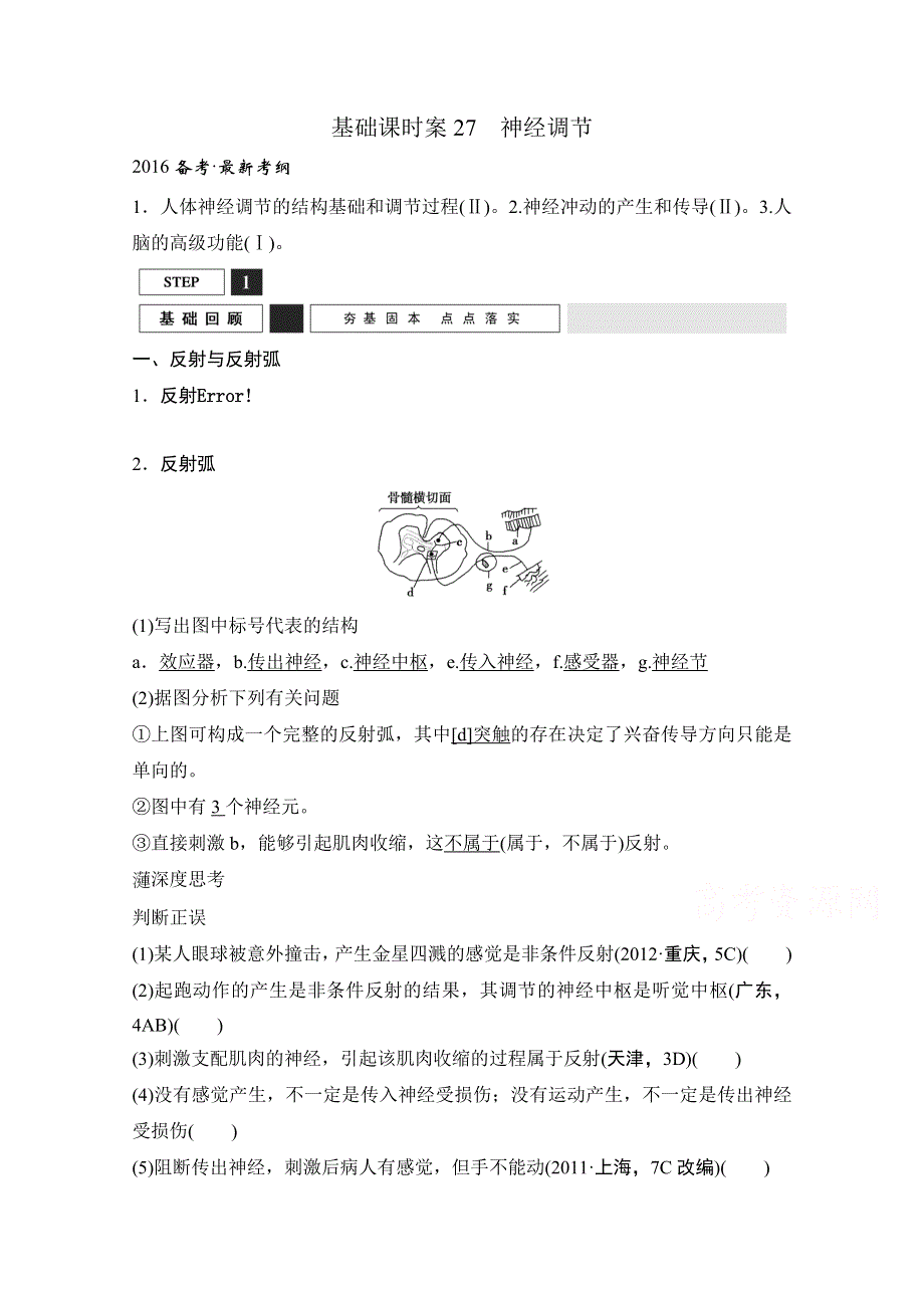 《创新设计》2016年高三生物（人教版）一轮复习 基础课时案27　神经调节 基础回顾.doc_第1页