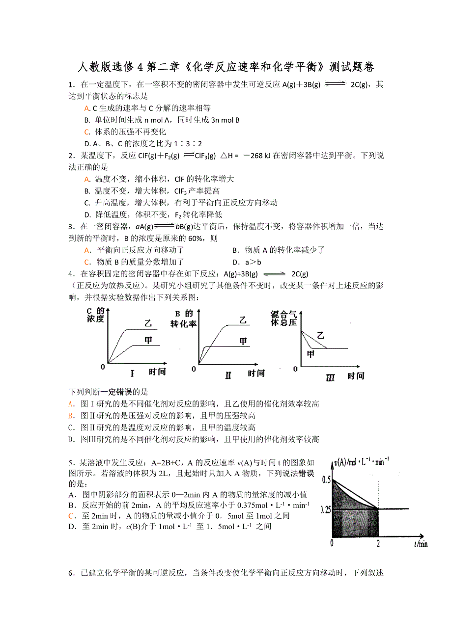 2016-2017学年人教版化学选修4第二章 化学反应速率和化学平衡 测试题卷 WORD版含答案.doc_第1页