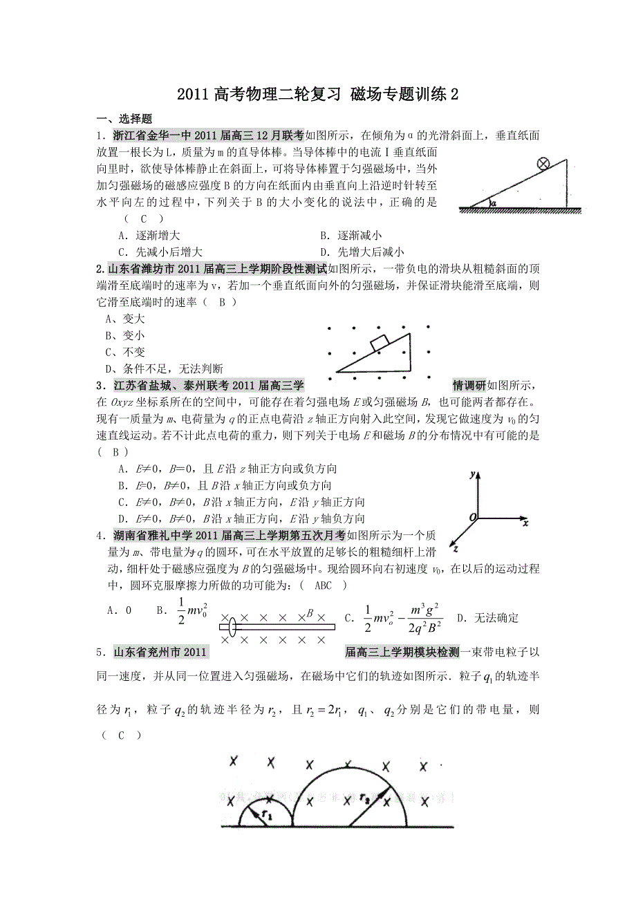 2011高考物理二轮复习_磁场专题训练2.doc_第1页