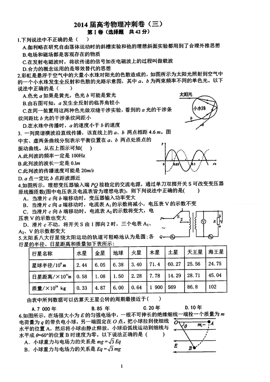 四川省成都七中2014届高三高考冲刺题（三）物理试题 扫描版含答案.doc_第1页