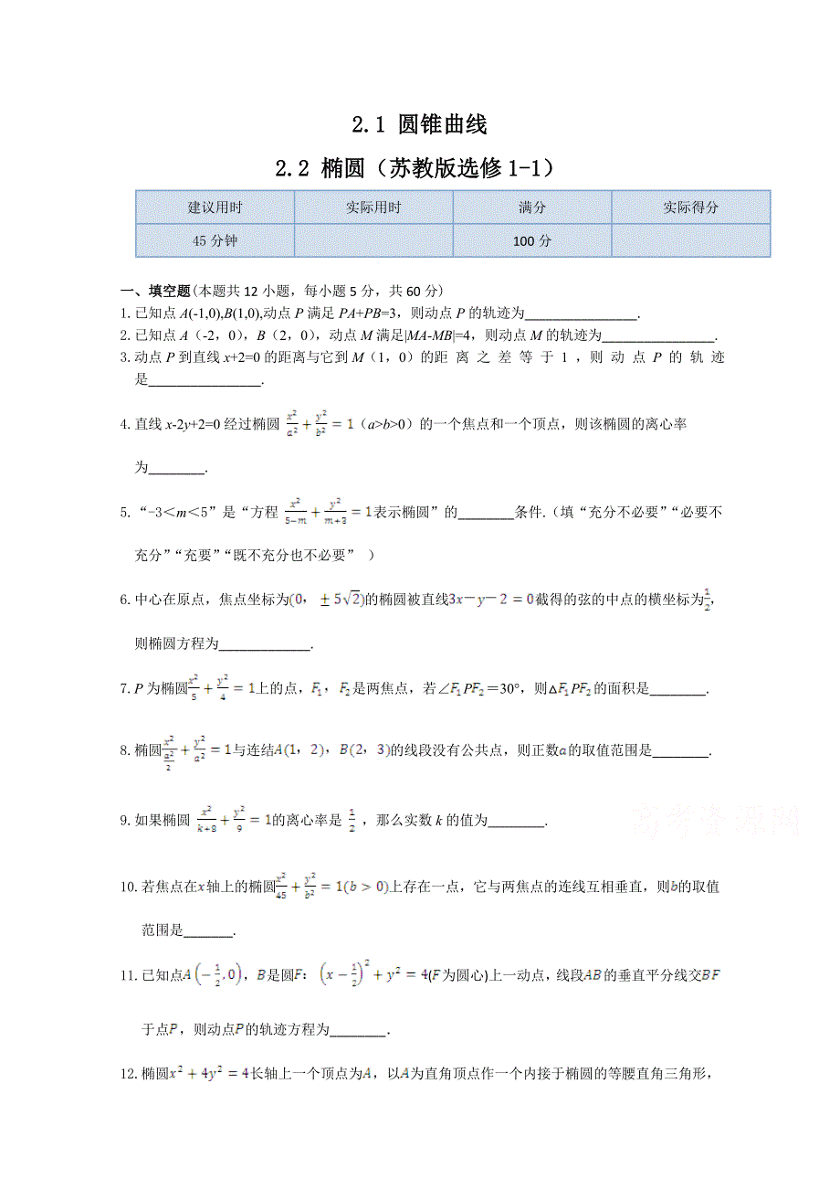 《中学教材全解》2013-2014高中数学苏教版（选修1-1）检测题 同步练测 2.1圆锥曲线2.2椭圆.doc_第1页