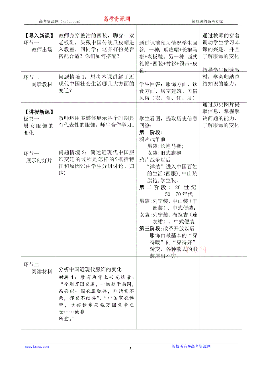 人教新课标历史必修二 《物质生活和社会习俗的变迁》教学设计.doc_第3页