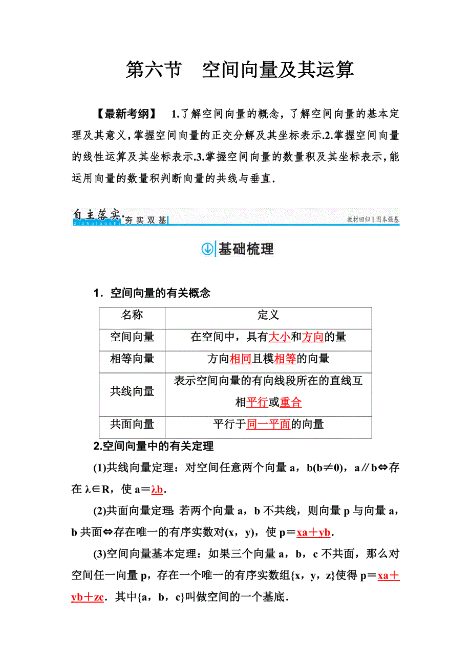 2018届高考数学（理）一轮总复习检测：第七章 第六节　空间向量及其运算 WORD版含解析.doc_第1页