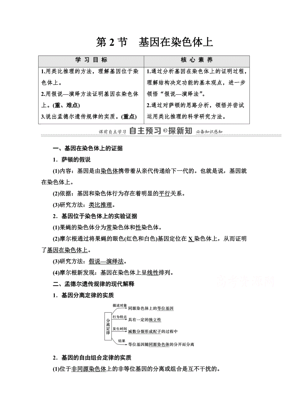 2020-2021学年人教版生物必修2教师用书：第2章 第2节　基因在染色体上 WORD版含解析.doc_第1页