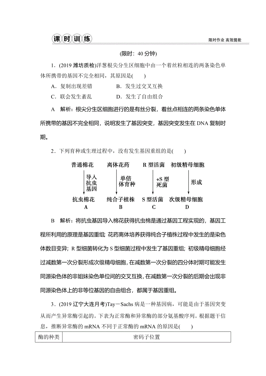 2020届高三生物（人教版）第一轮复习课件作业：第七单元 第20讲 基因突变和基因重组 WORD版含解析.doc_第1页