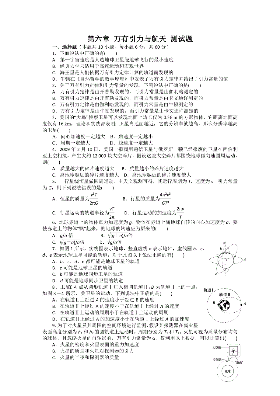 2016-2017学年人教版物理必修2第六章《万有引力和航天》单元测试题 WORD版含答案.doc_第1页