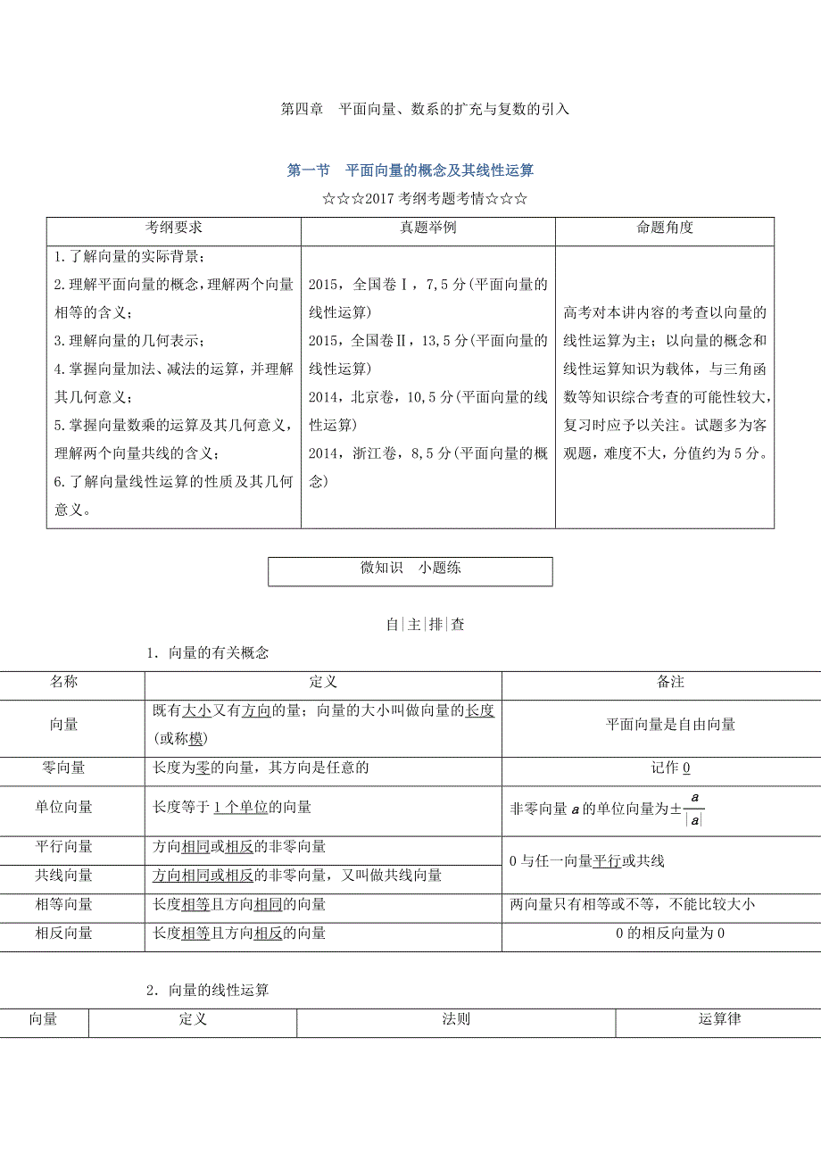 2018届高考数学（理）大一轮复习顶层设计教师用书：第四章 平面向量、数系的扩充与复数的引入 第一节 平面向量的概念及其线性运算 WORD版含答案.doc_第1页