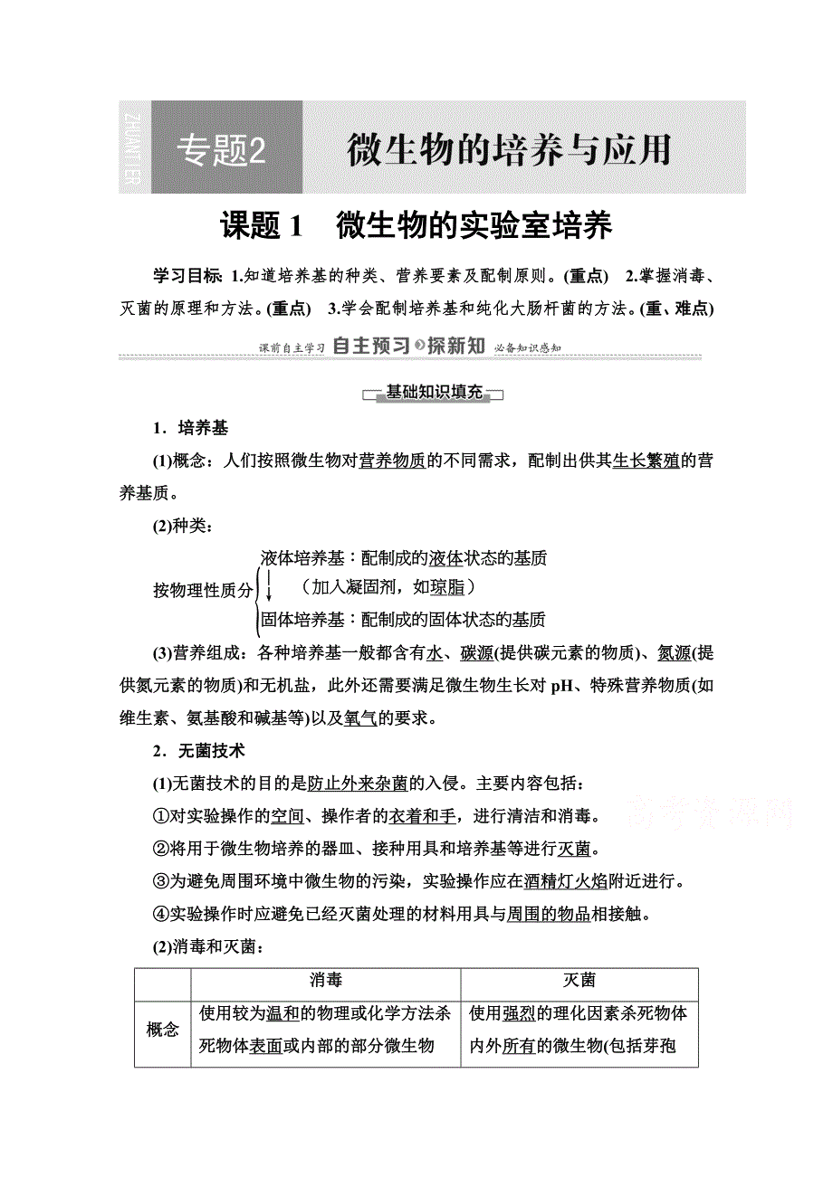 2020-2021学年人教版生物选修1教师用书：专题2 课题1　微生物的实验室培养 WORD版含解析.doc_第1页