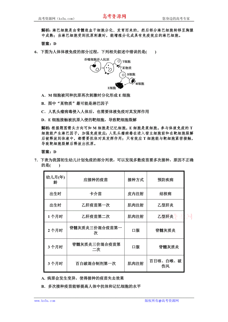 2011高考生物一轮复习双基演练：必修3 第2章动物和人体生命活动的调节 第4节免疫调节.doc_第3页