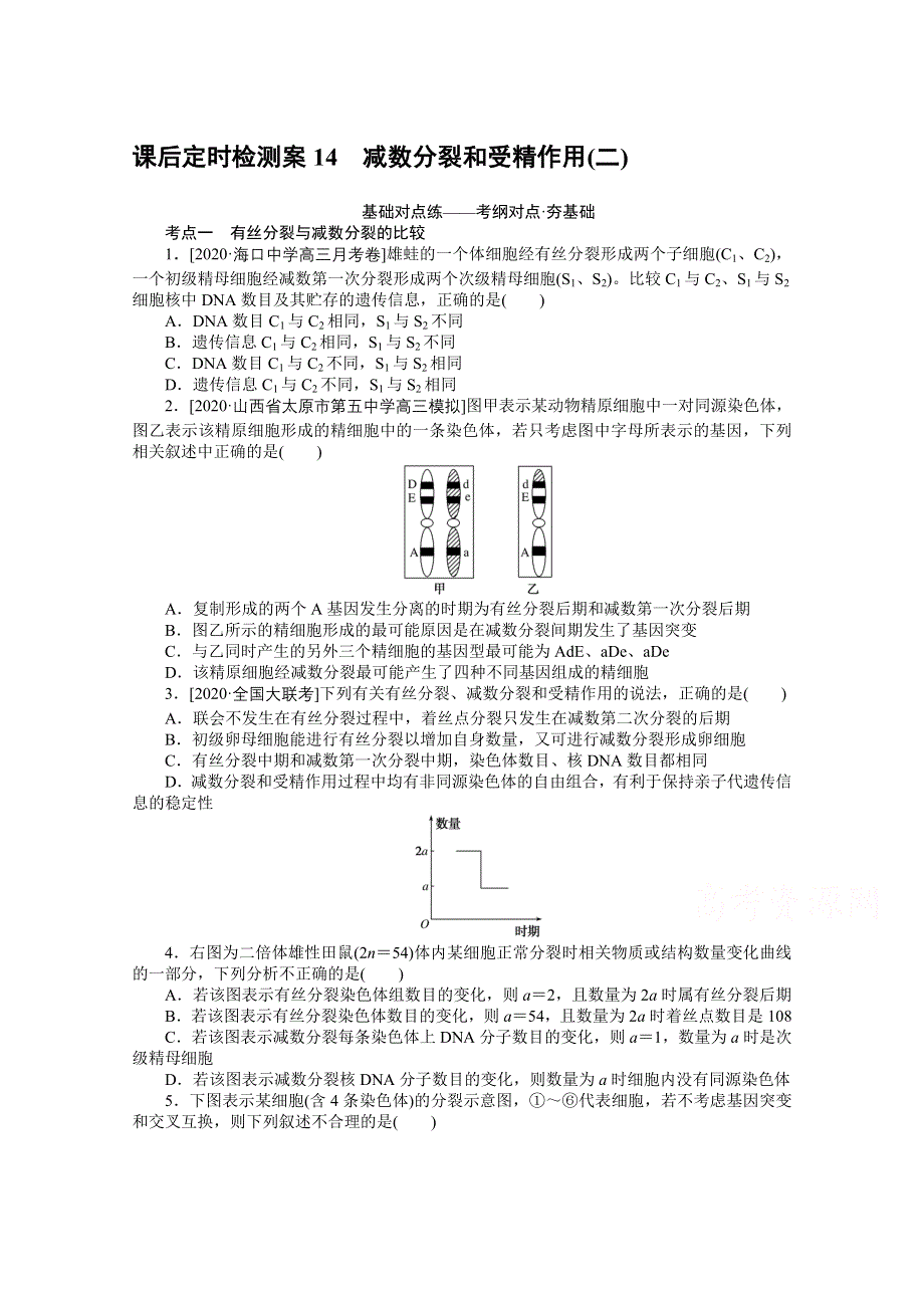 2021全国统考生物人教版一轮课后定时检测案14 减数分裂和受精作用（二） WORD版含解析.doc_第1页