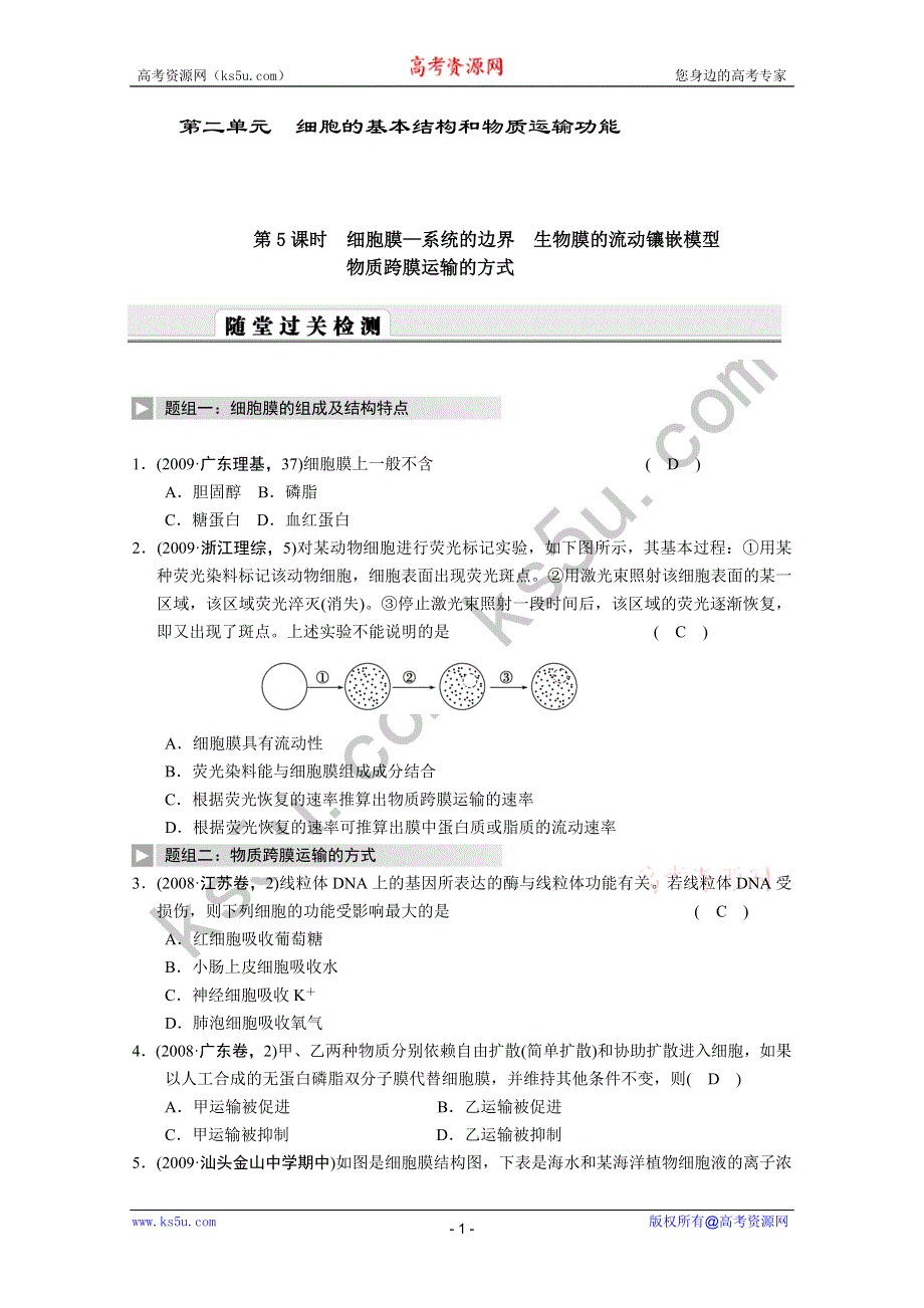 2011高考生物一轮复习精编复习资料：第5课时　细胞膜—系统的边界　生物膜的流动镶嵌模型.doc_第1页