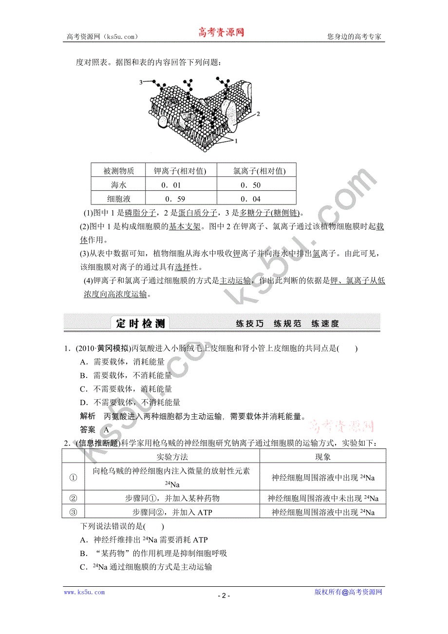 2011高考生物一轮复习精编复习资料：第5课时　细胞膜—系统的边界　生物膜的流动镶嵌模型.doc_第2页