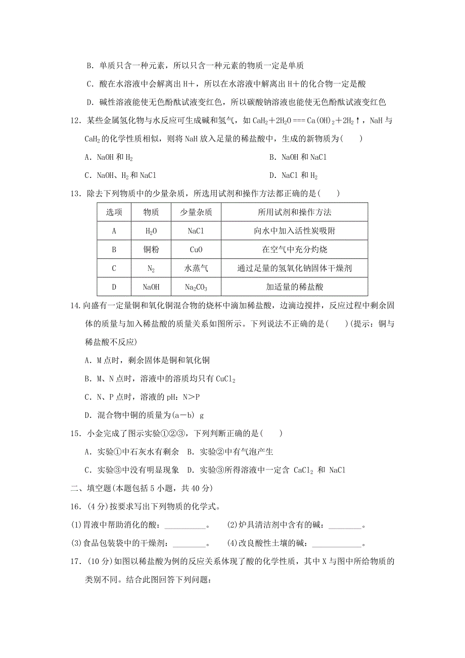 2022九年级化学下册 第7单元 常见的酸和碱达标检测卷 鲁教版.doc_第3页