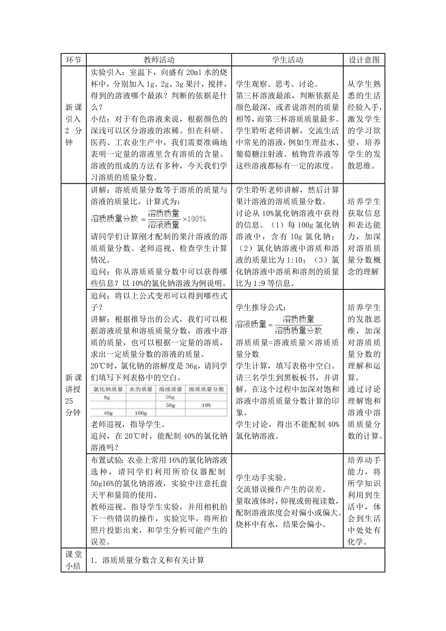 2022九年级化学下册 第7章 溶液7.3 溶液浓稀的表示第1课时 溶质的质量分数及其简单计算教学设计（新版）粤教版.doc_第2页