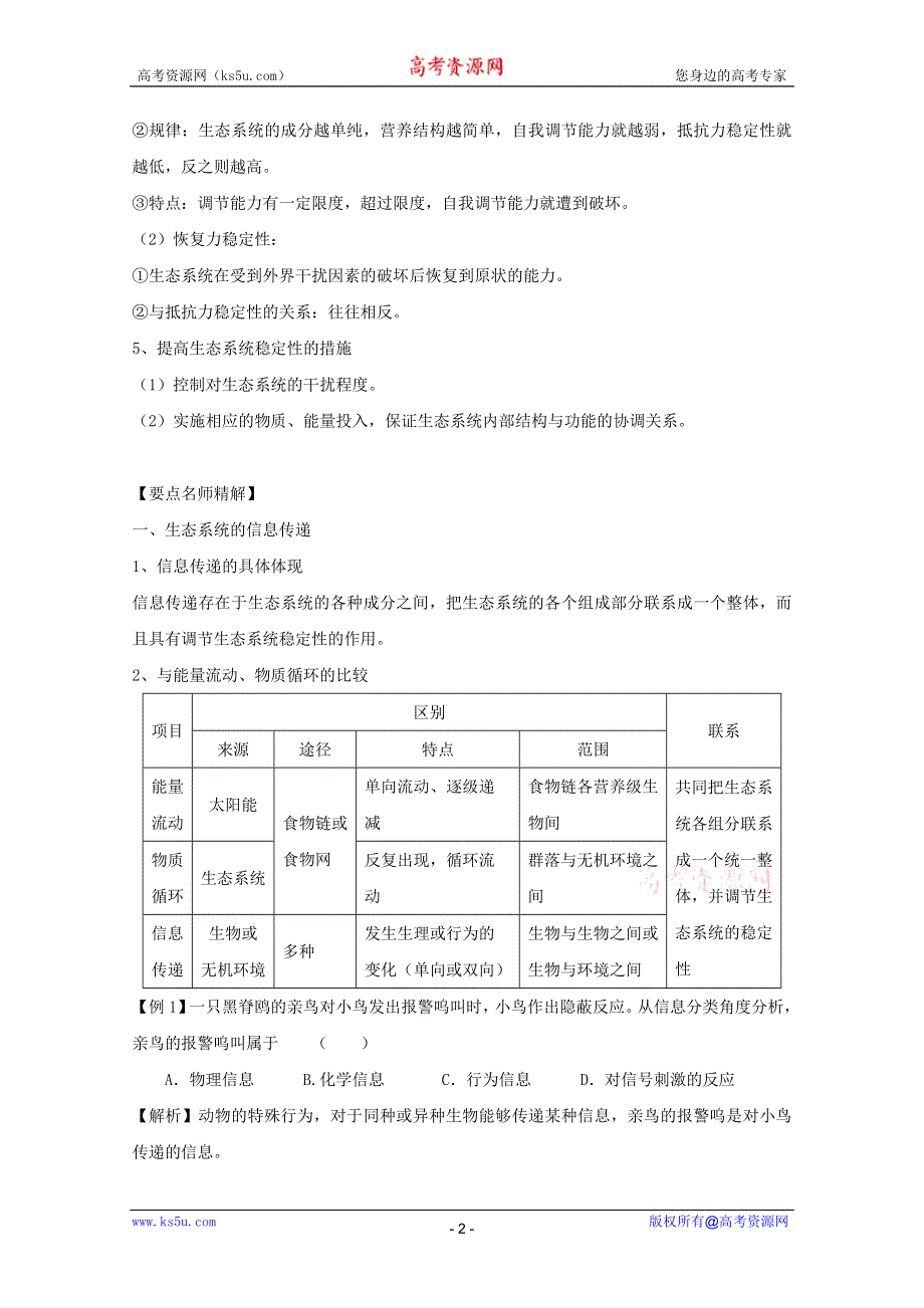 2011高考生物一轮精品复习学案：5.4 生态系统的信息传递、生态系统的稳定性（必修3）.doc_第2页