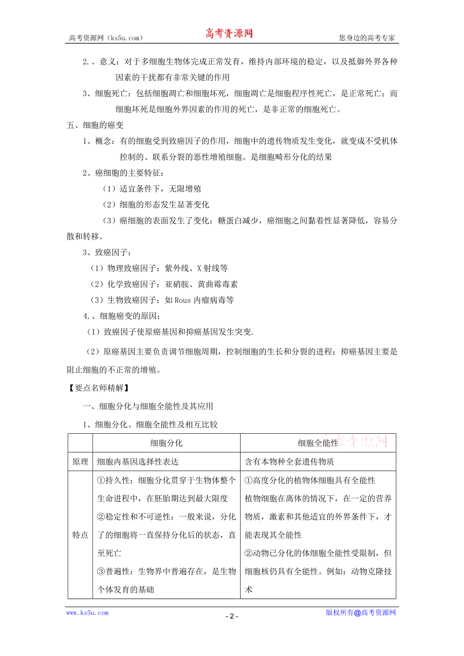 2011高考生物一轮精品复习学案：6.2 细胞的分化、衰老、凋亡和癌变（必修1）.doc_第2页