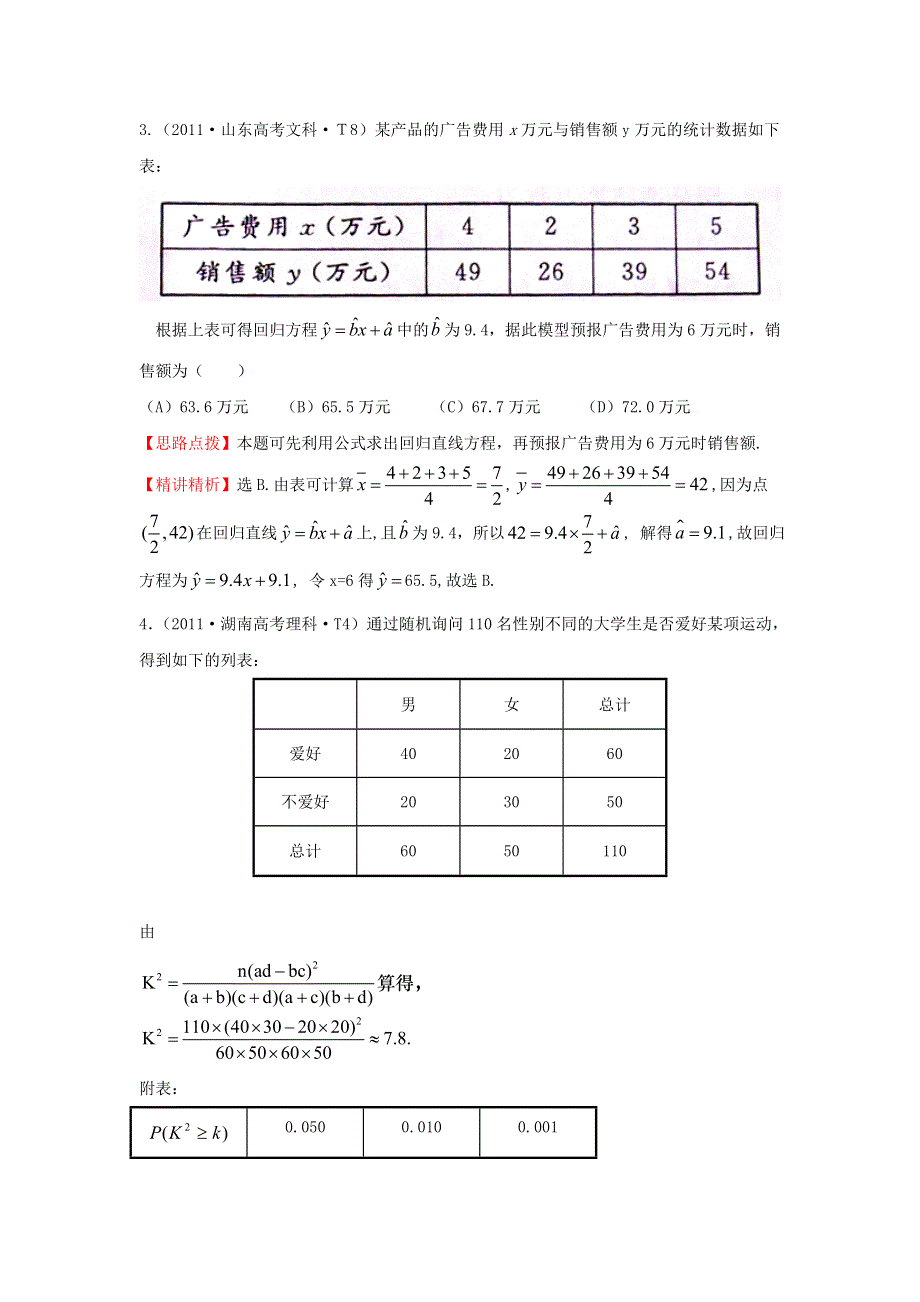 《五年经典推荐 全程方略》2015届高三数学专项精析精炼：2011年考点44随机抽样、用样本估计总体、变量间的相关关系、统计案例.doc_第2页