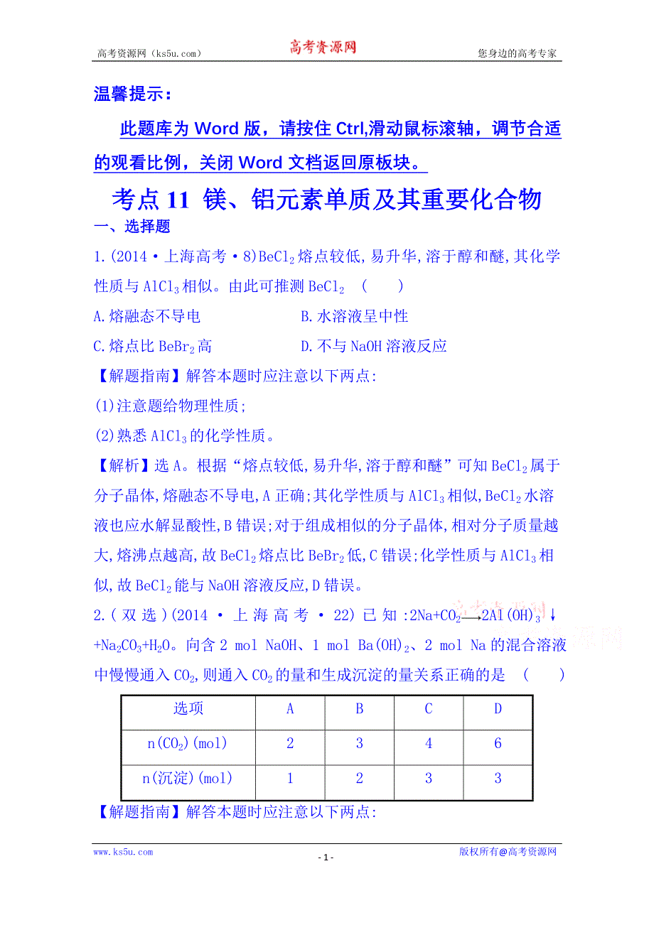 《五年经典推荐 全程方略》2015届高考化学专项精析精炼：2014年考点11 镁、铝元素单质及其重要化合物.doc_第1页