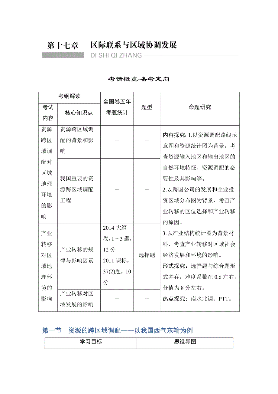 《创新设计》2017版高考地理（人教版）一轮复习练习：第十七章 区际联系和区域协调发展 WORD版含解析.doc_第1页