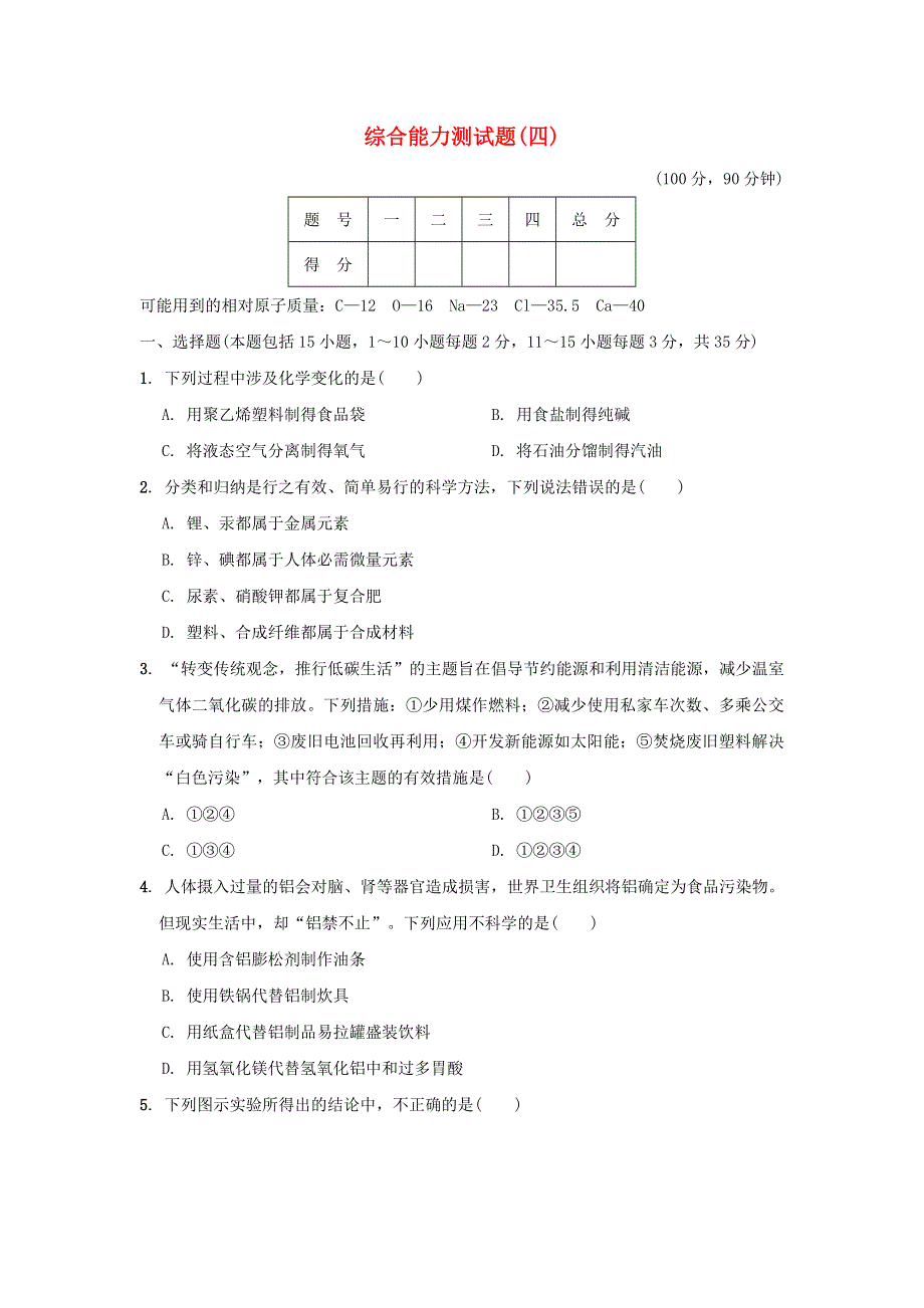 2022九年级化学下册 综合能力测试卷（四） 沪教版.doc_第1页