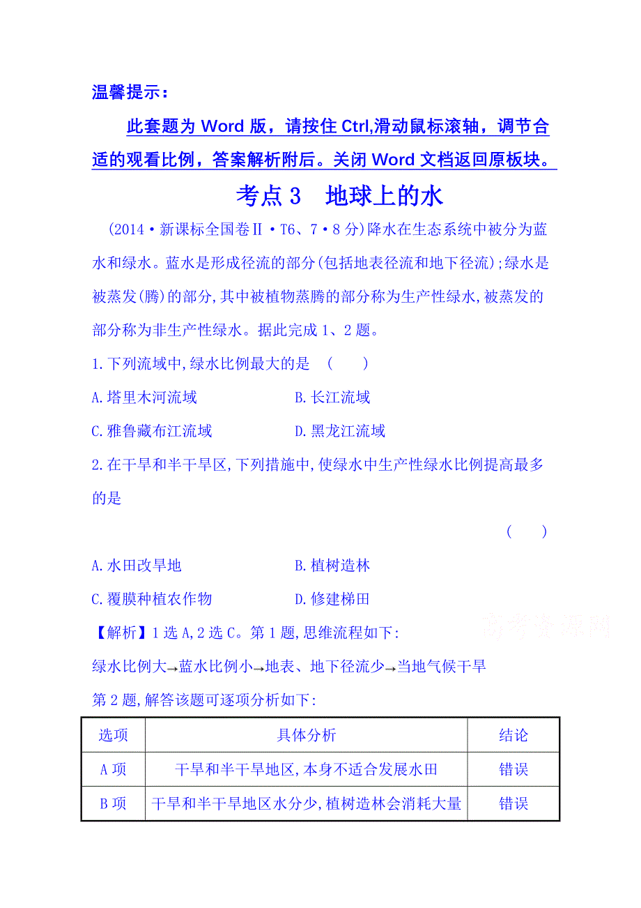 《五年经典推荐 全程方略》2015届高考地理专项精析精炼：考点3（2014年） 地球上的水.doc_第1页