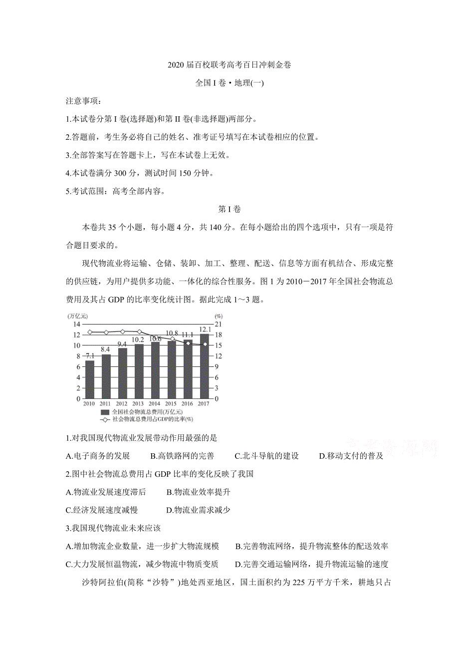 2020届百校联考高考百日冲刺金卷全国Ⅰ卷 地理（一） WORD版含答案BYCHUN.doc_第1页