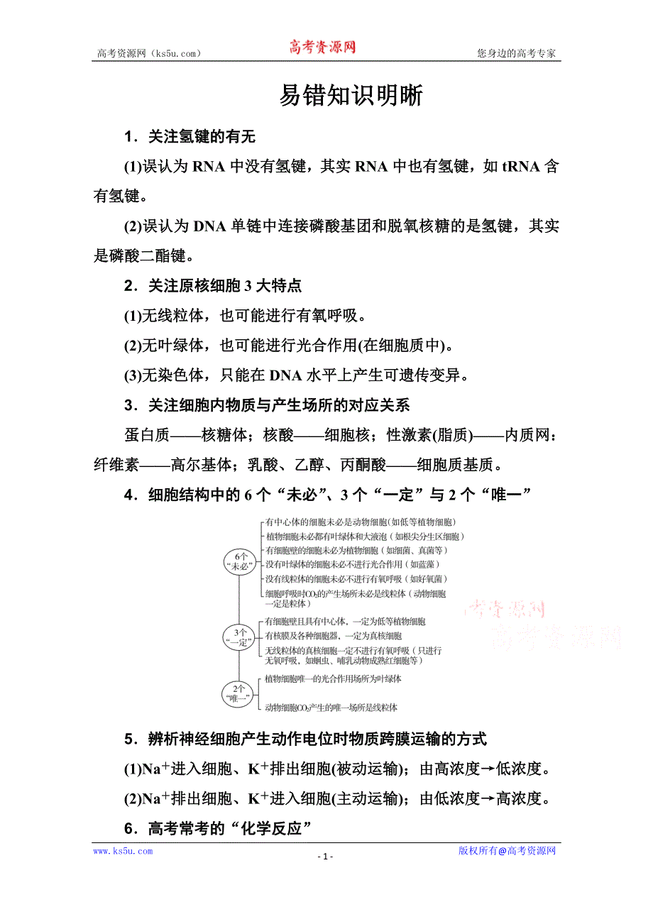 2020届生物高考二轮专题复习与测试：易错知识明晰 WORD版含解析.doc_第1页