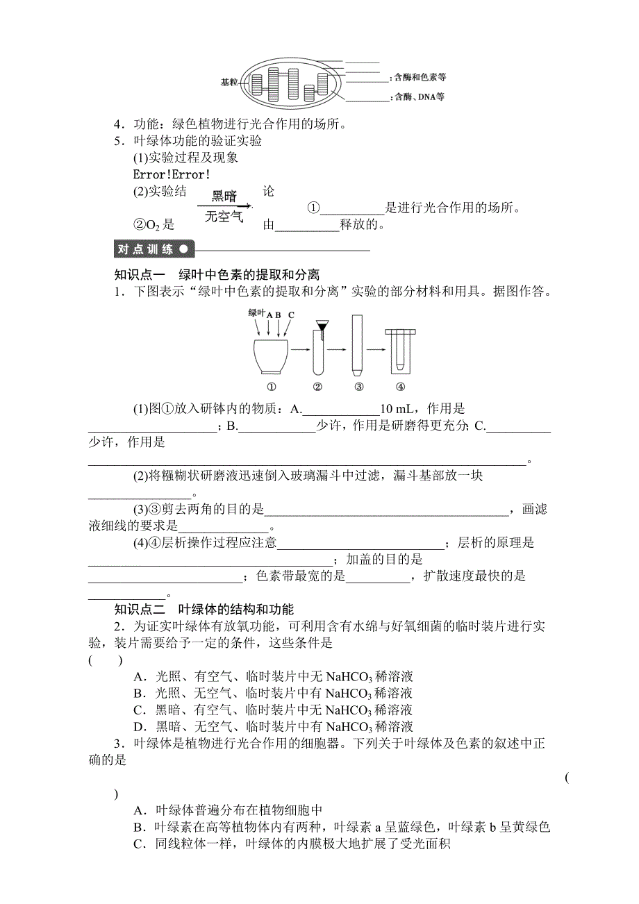 《创新设计》2017年高中生物人教版必修一课时作业：第五章 细胞的能量供应和利用 课时22 捕获光能的色素和结构 WORD版含答案.doc_第2页