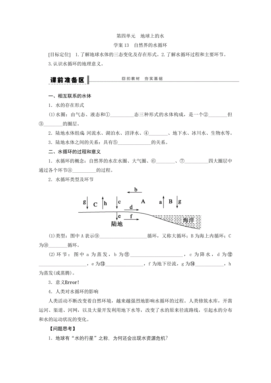 2013届高考地理（鲁教版）精品复习学案：13 自然界的水循环.doc_第1页