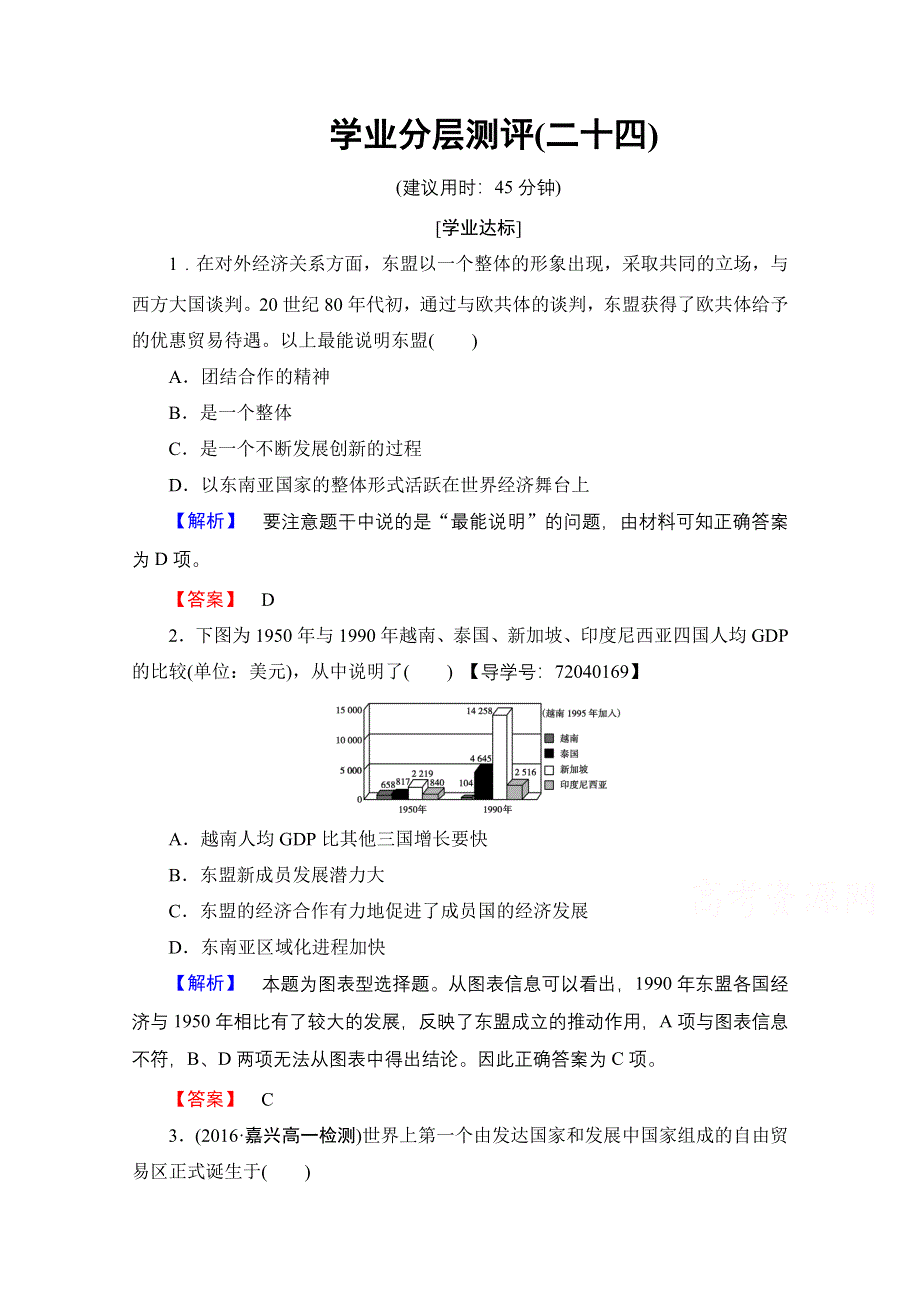 2016-2017历史岳麓版必修二学业分层测评24 亚洲和美洲的经济区域集团化 WORD版含解析.doc_第1页