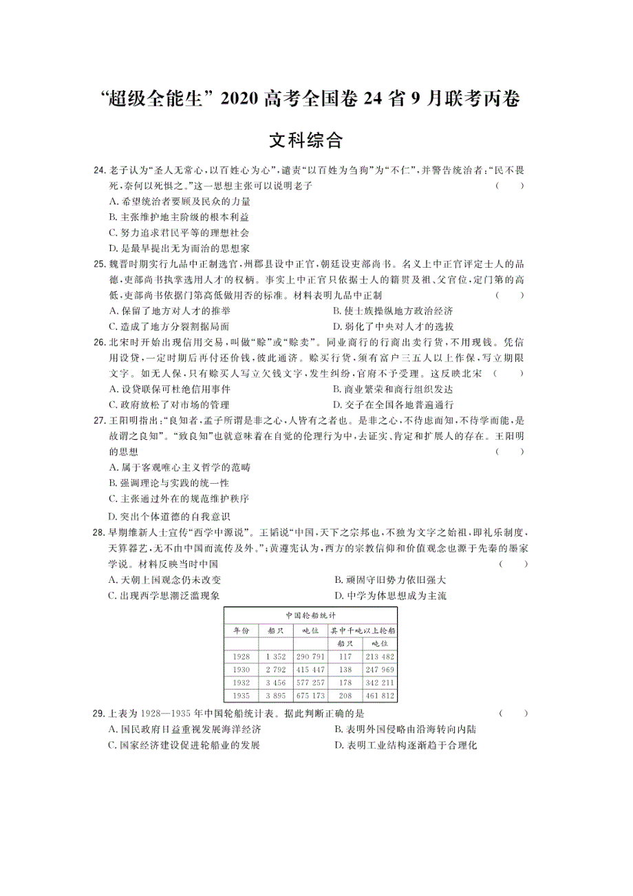 2020届超级全能生24省高三9月联考丙（A）卷文综历史试题 扫描版含答案.doc_第1页