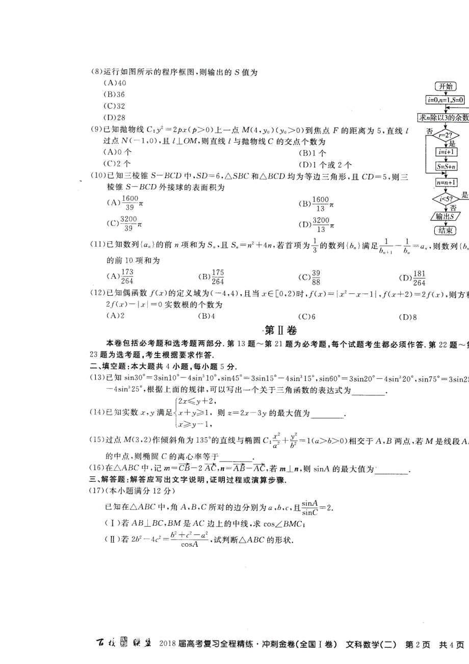 2018届高考复习全程精练 冲刺金卷高三文科数学（二）试题 扫描版含答案.doc_第2页