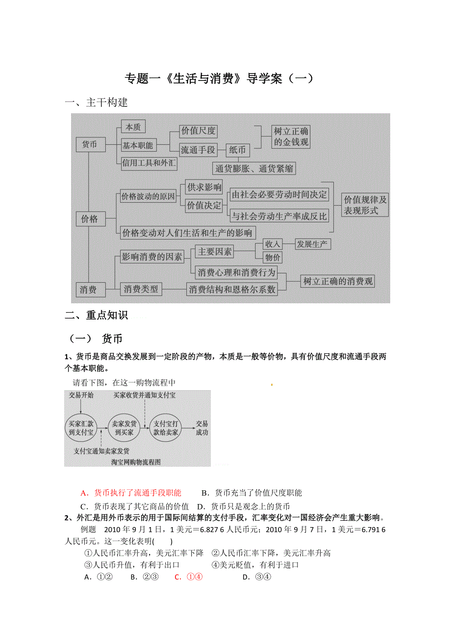 2011届高考政治二轮复习学案：专题一 生活与消费.doc_第1页