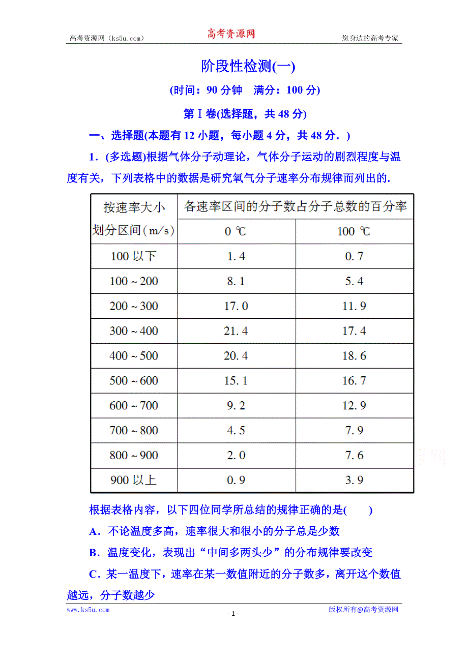 《名师一号》2015年人教版物理双基限时练 选修3-3：阶段性检测(一).doc_第1页