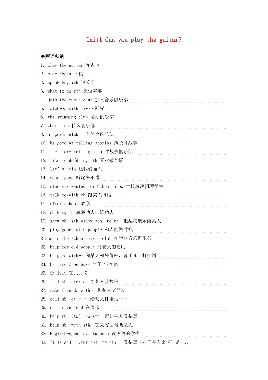 七年级英语下册 Unit 1 Can you play the guitar短语、句型、作文汇总 （新版）人教新目标版.doc_第1页