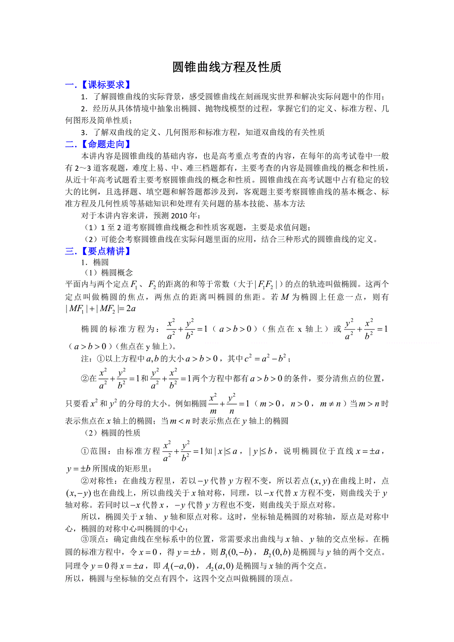 2011届高考数学复习必备试题16 圆锥曲线方程及性质.doc_第1页