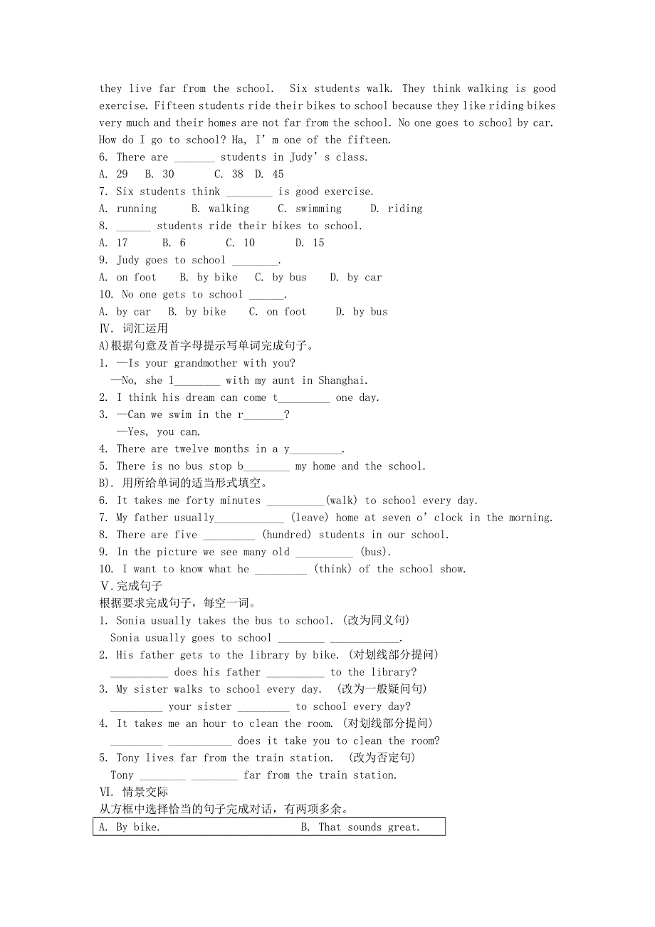 七年级英语下册 Unit 3 How do you get to school检测题 （新版）人教新目标版.doc_第3页