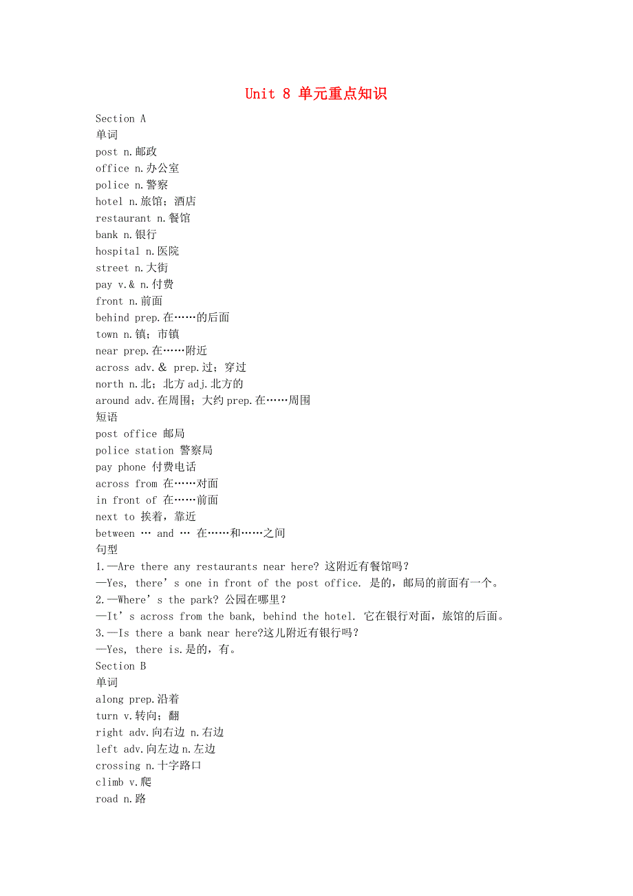 七年级英语下册 Unit 8 Is there a post office near here单元重点知识 （新版）人教新目标版.doc_第1页