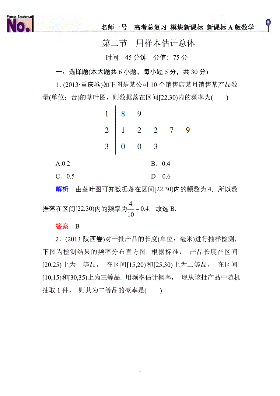 《名师一号》2015高考数学（人教版A版）一轮配套题库：9-2用样本估计总体.doc_第1页