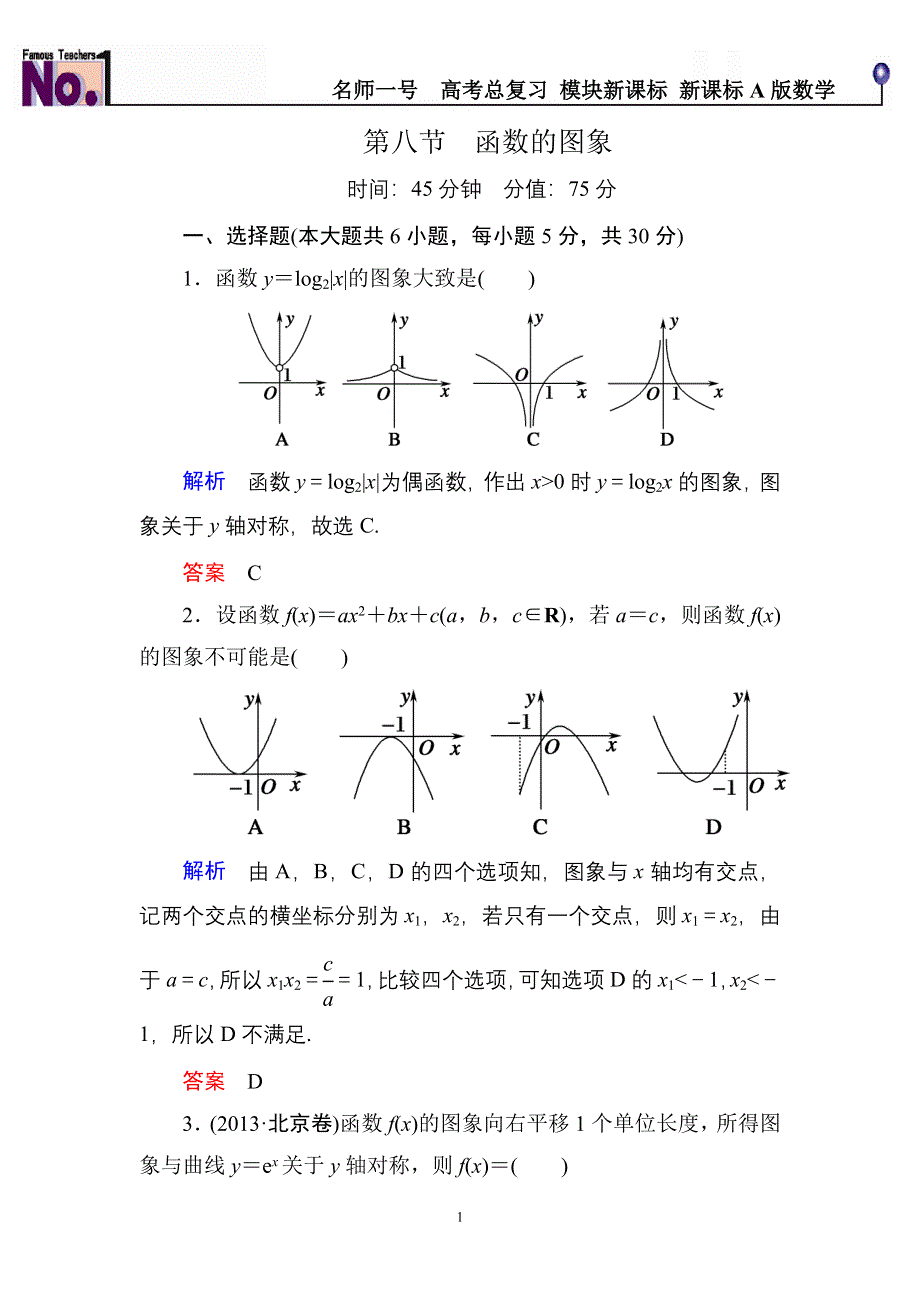 《名师一号》2015高考数学（人教版A版）一轮配套题库：2-8函数的图象.doc_第1页