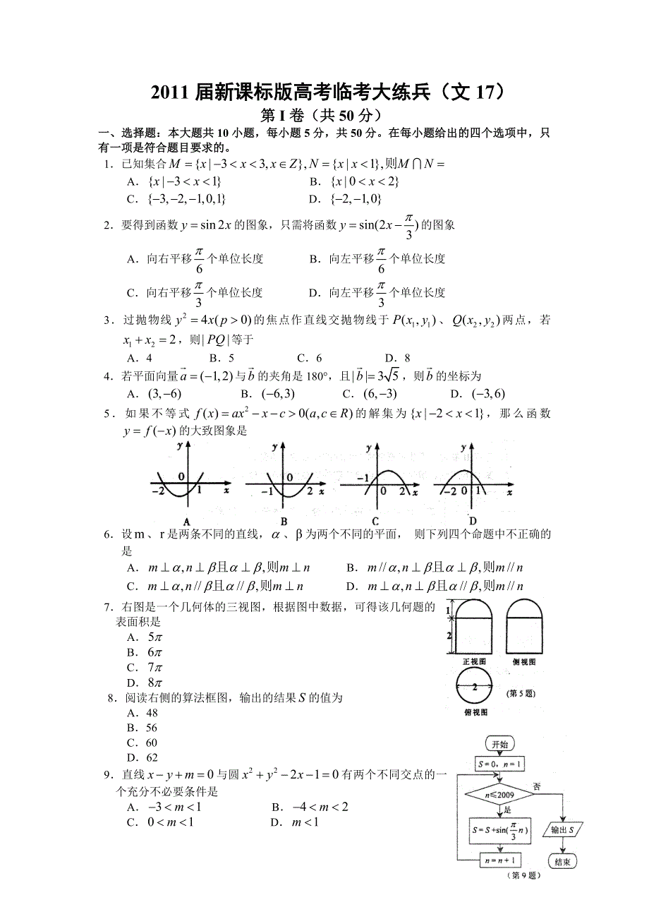 2011届高考文科数学临考练兵测试题17.doc_第1页