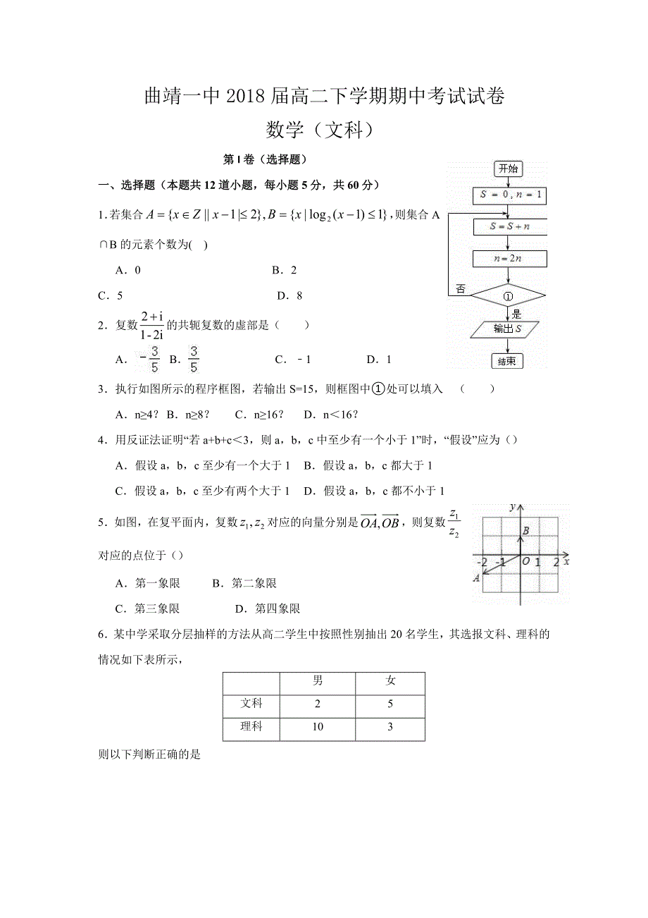 云南省曲靖市第一中学2016-2017学年高二下学期期中考试数学（文）试题 WORD版含答案.doc_第1页