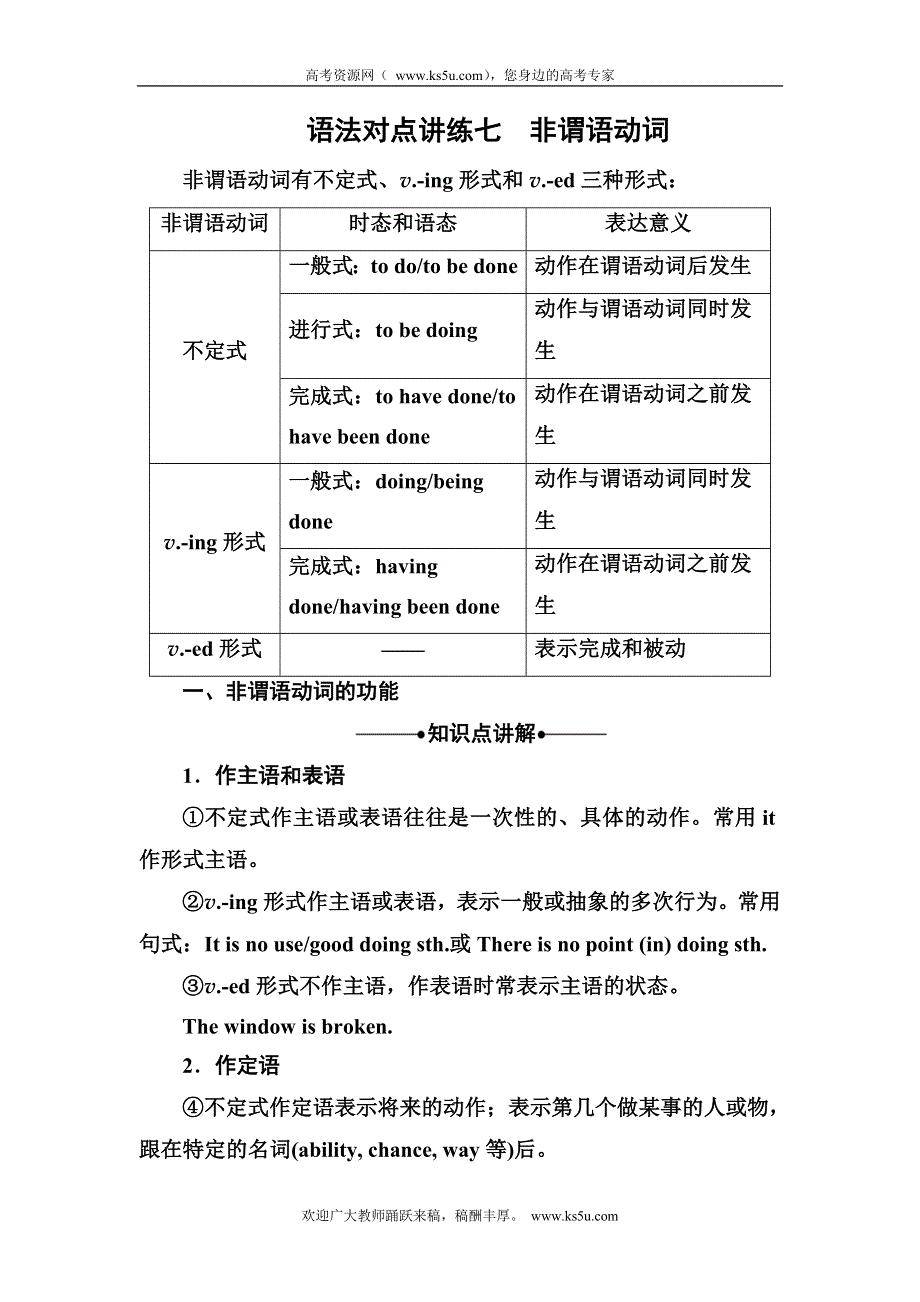 《名师一号》2015高考英语（人教版）一轮语法对点讲练7 非谓语动词.doc_第1页