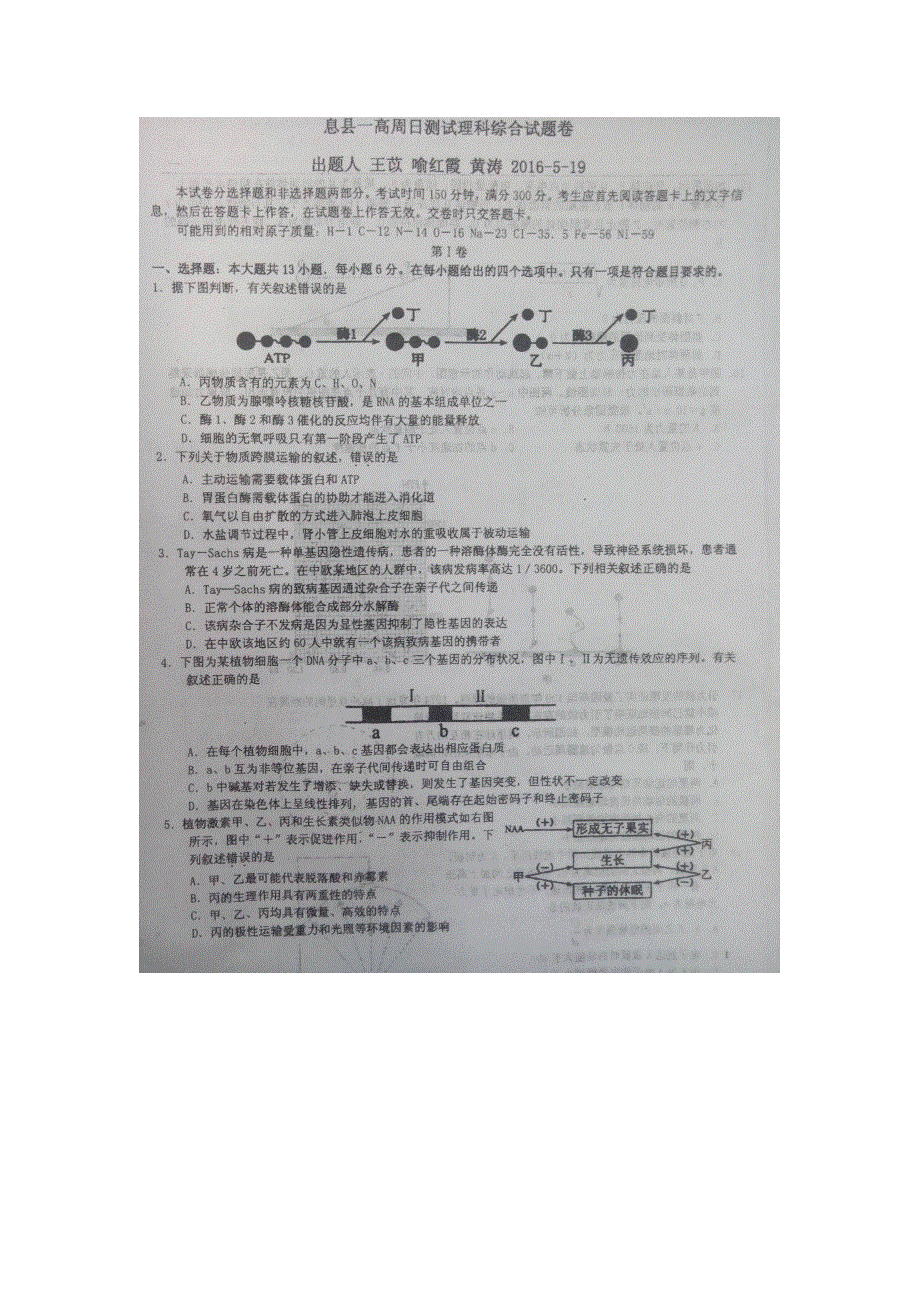 河南省息县第一高级中学2016届高三下学期模拟考试理科综合试题 扫描版含答案.doc_第1页