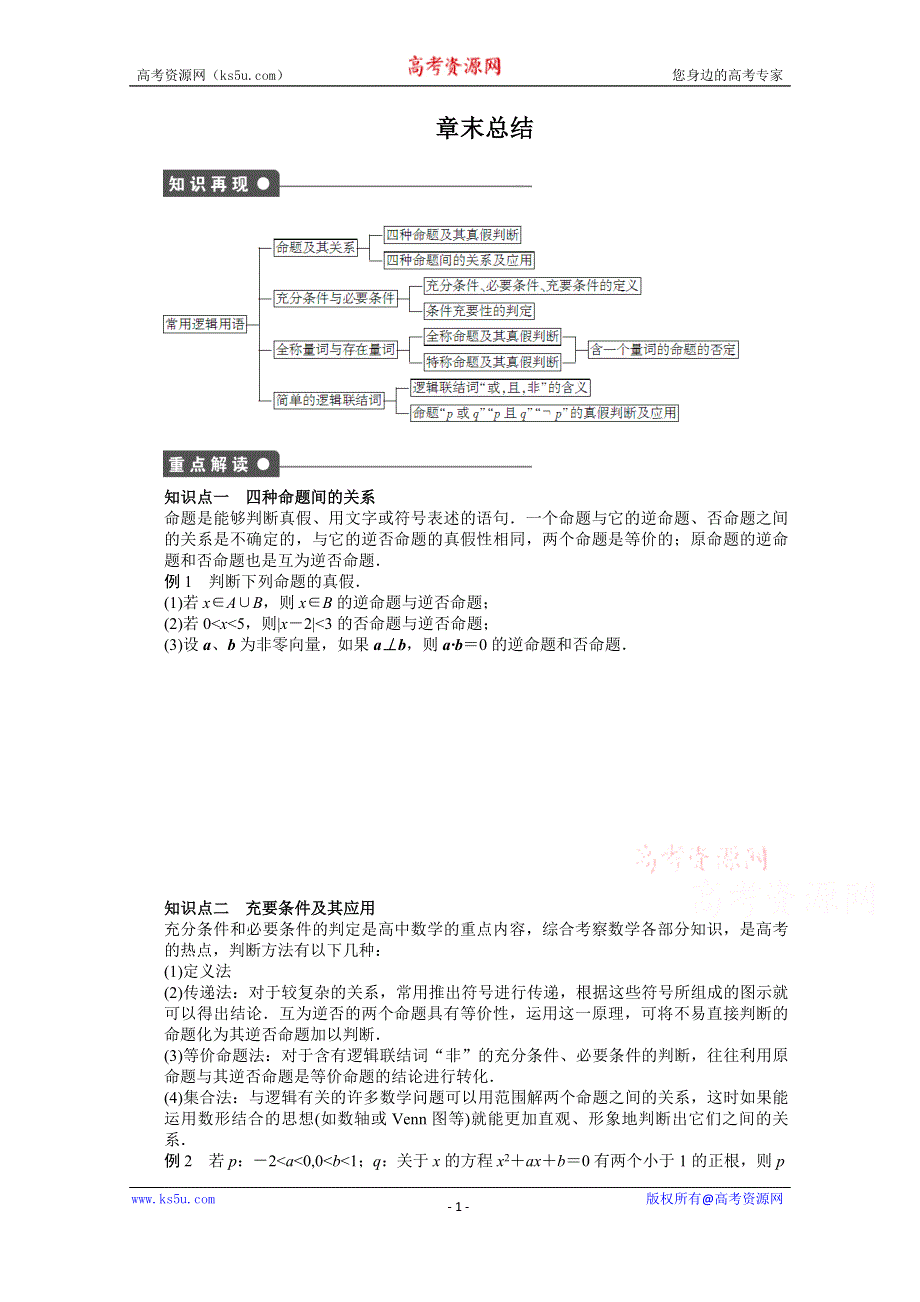 《创新设计-课堂讲义》2016-2017学年高中数学（北师大版选修2-1）配套课时作业：第一章 常用逻辑用语 第1章 章末总结 WORD版含答案.docx_第1页