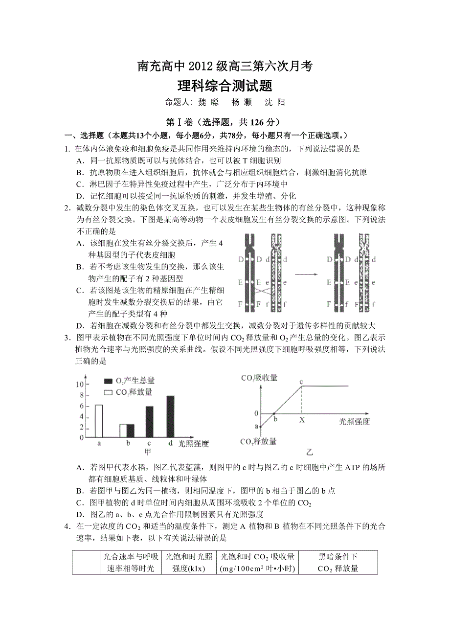 四川省南充高中2012届高三第六次月考（理综）答案不全.doc_第1页