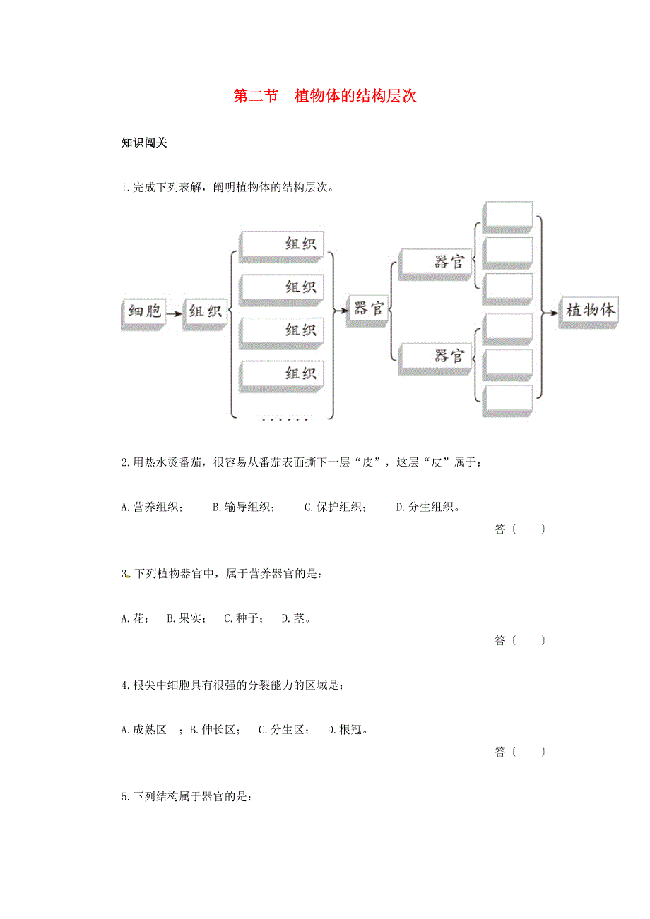 七年级生物上册 第二单元 生物体的结构层次 第二章 细胞怎样构成生物体第三节 植物体的结构层次习题1（新版）新人教版.doc_第1页