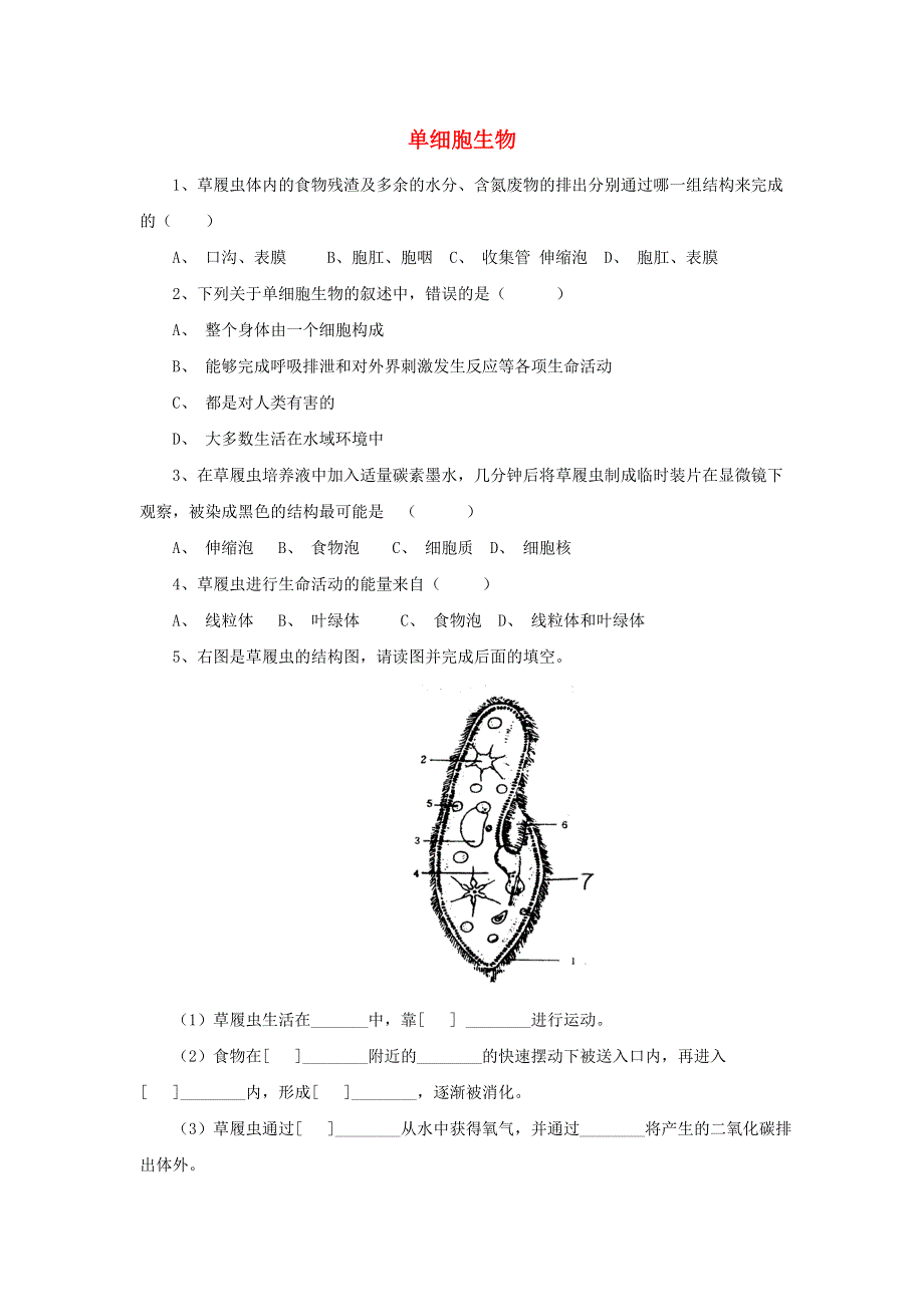 七年级生物上册 第二单元 生物体的结构层次 第二章 细胞怎样构成生物体第四节 单细胞生物习题1（新版）新人教版.doc_第1页