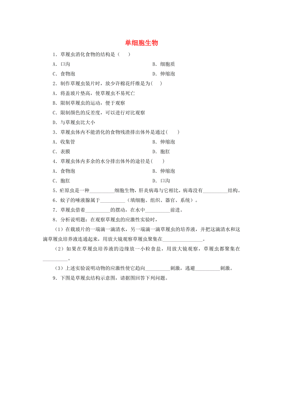 七年级生物上册 第二单元 生物体的结构层次 第二章 细胞怎样构成生物体第四节 单细胞生物习题3（新版）新人教版.doc_第1页