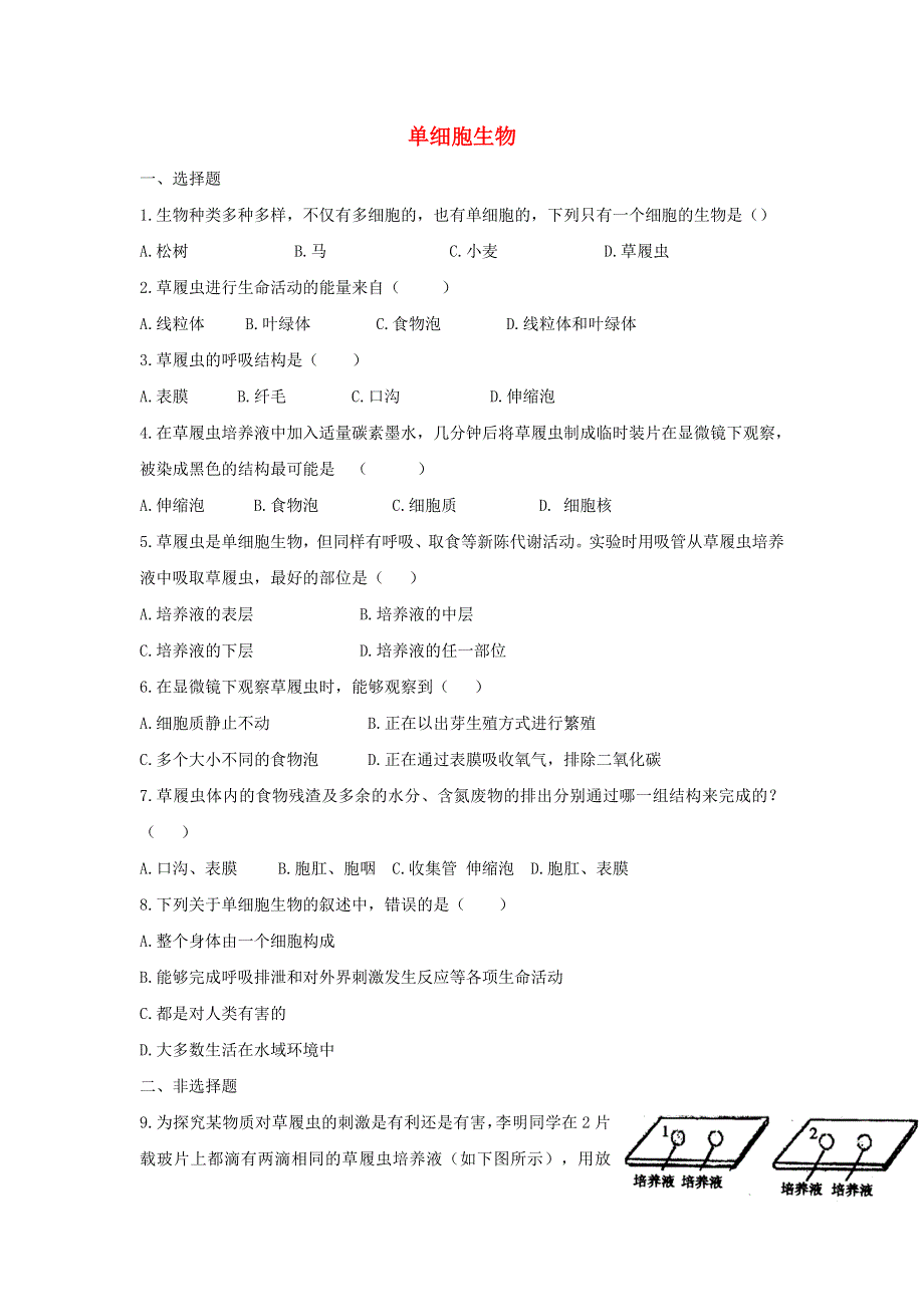 七年级生物上册 第二单元 生物体的结构层次 第二章 细胞怎样构成生物体第四节 单细胞生物习题（新版）新人教版.doc_第1页